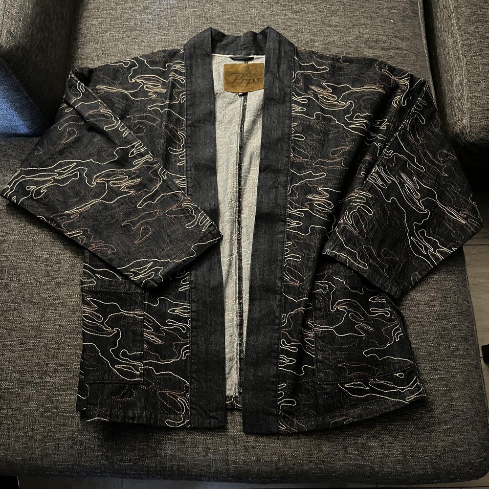 Prps Jacket Mens Large Blue Camo Denim Kimono Open Front Quilted Indigo E109J150